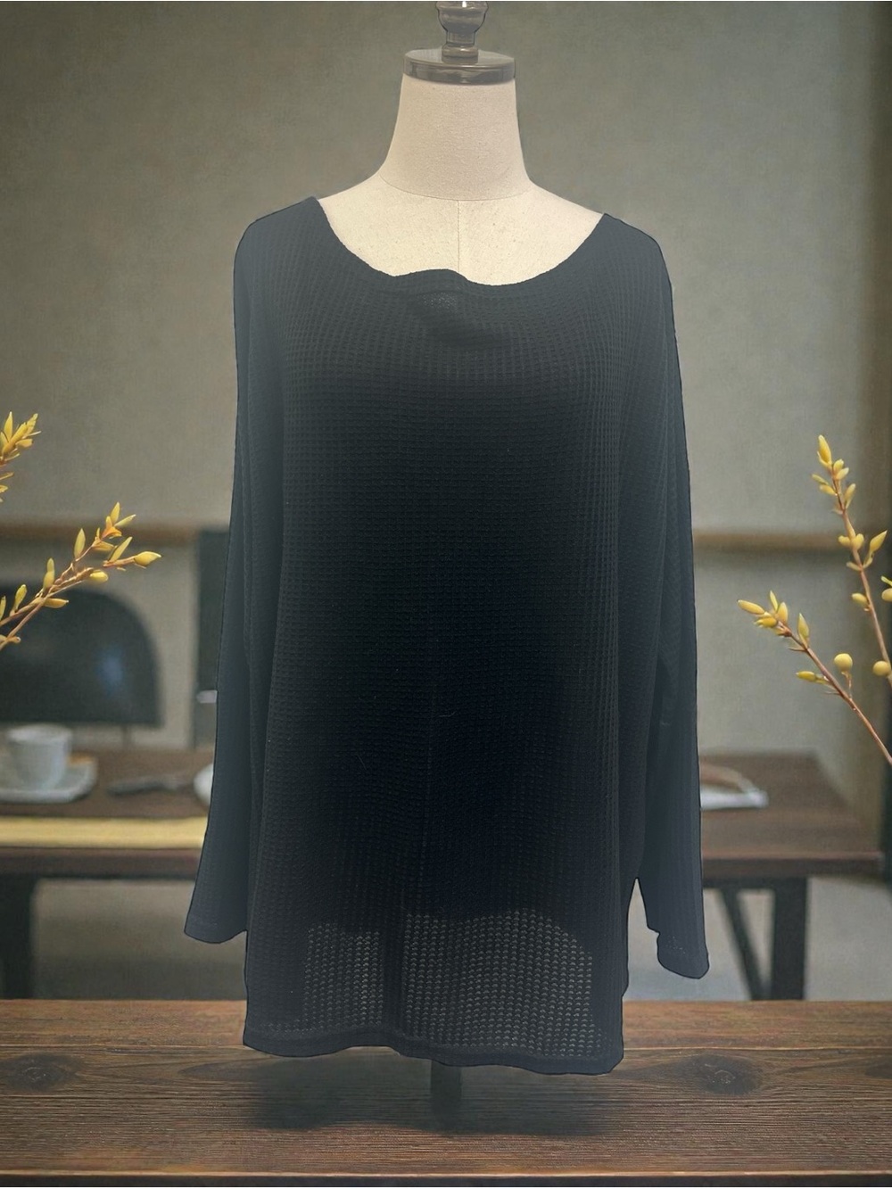 Women's Black Waffle Knit Long Sleeve Scoop Neck Top